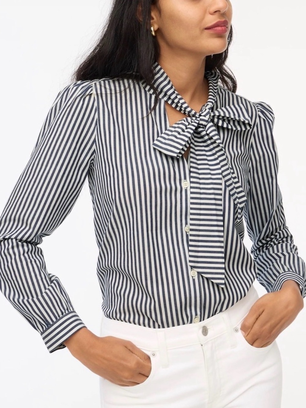 J. Crew Black and White Striped Button-Down Bow-Tie Blouse